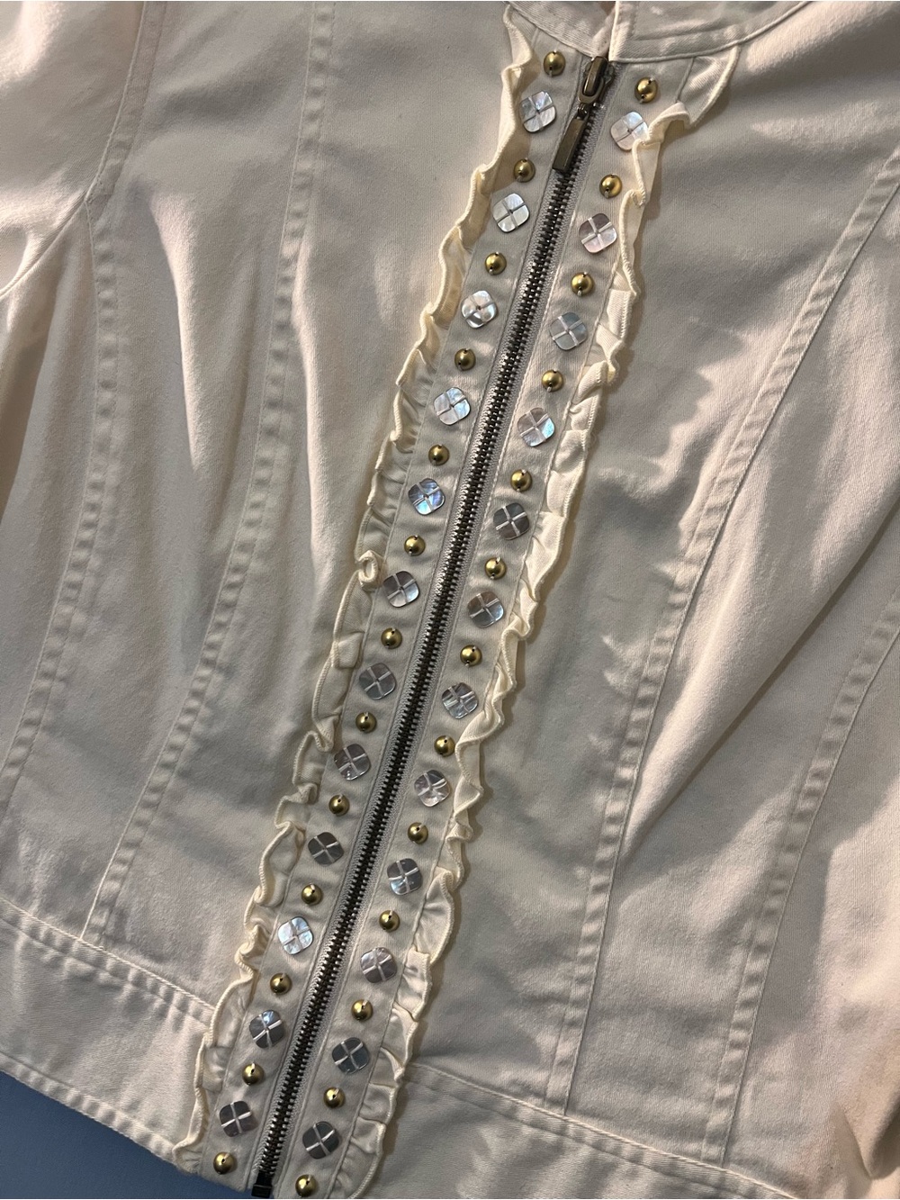 Ruby Rd. Ivory Ruffle-Trim Embellished Jean Jacket - Picture 3 of 4